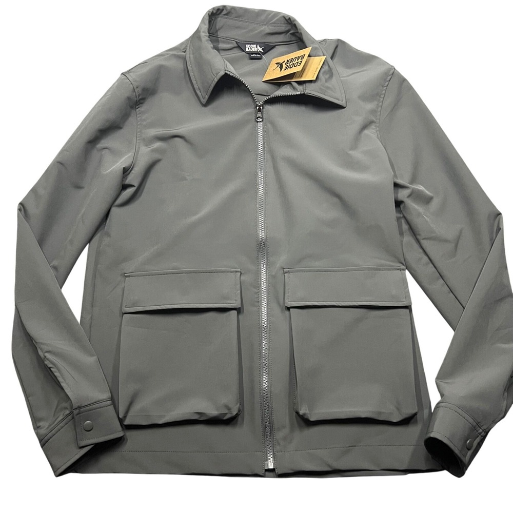 Eddie Bauer Pike Shirt Jacket Mens Small Gray Full Zip Travel Cargo Utility new